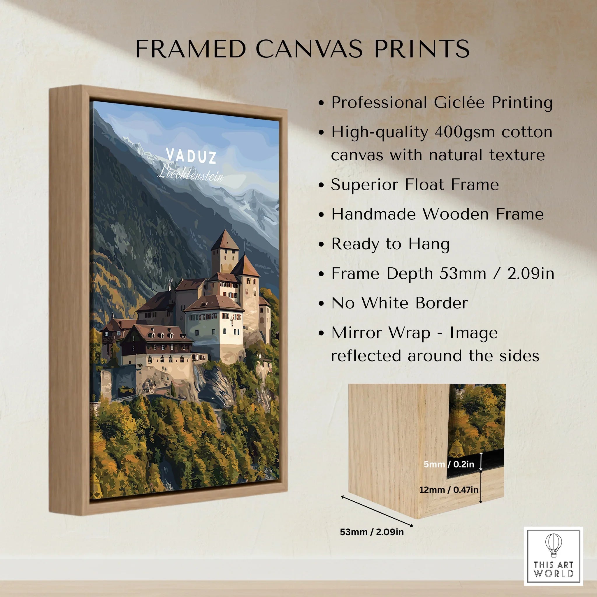 Framed canvas print of Vaduz Liechtenstein castle with mountains, float frame details.