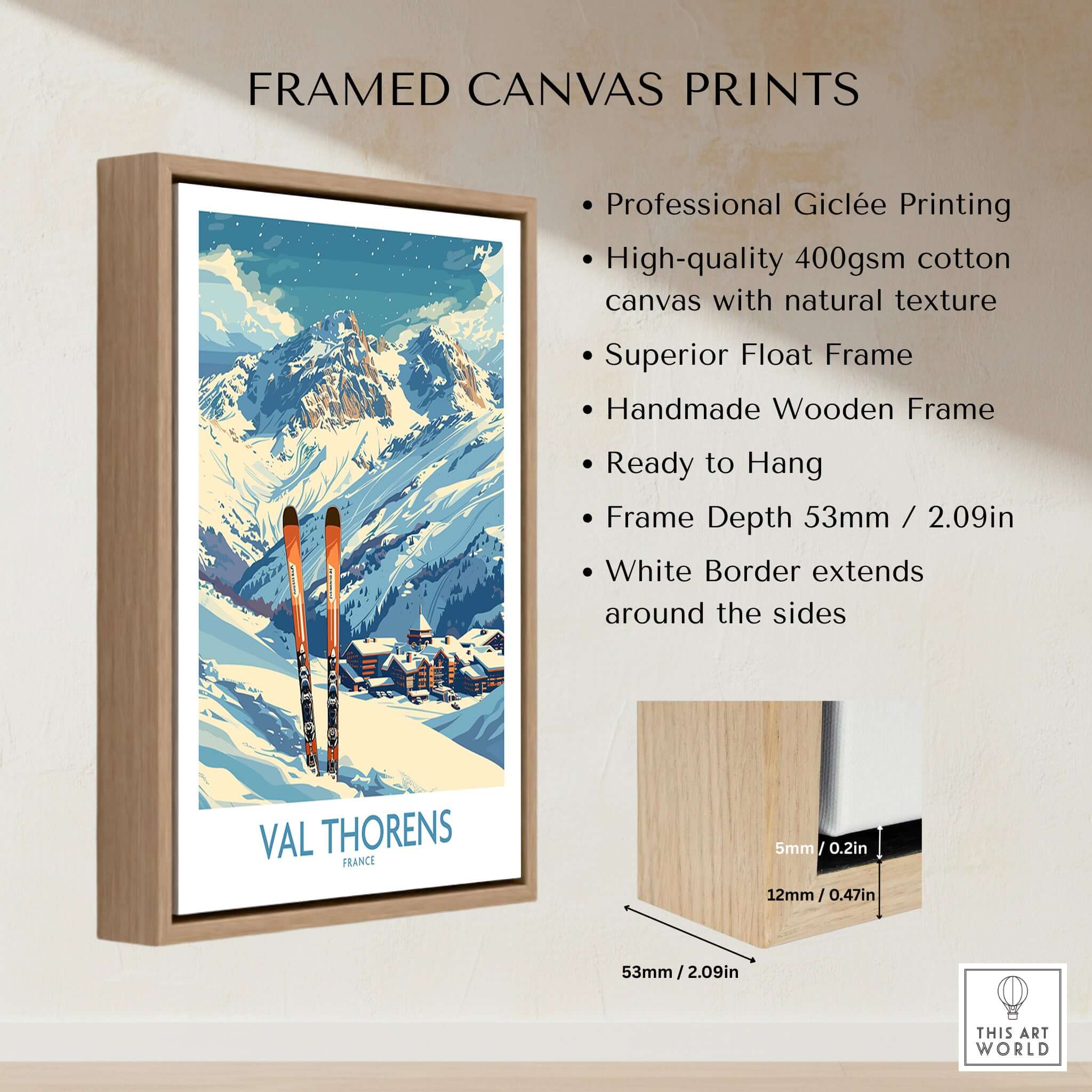 Val Thorens Print framed canvas print capturing the scenic beauty of Val Thorens ski resort in France.