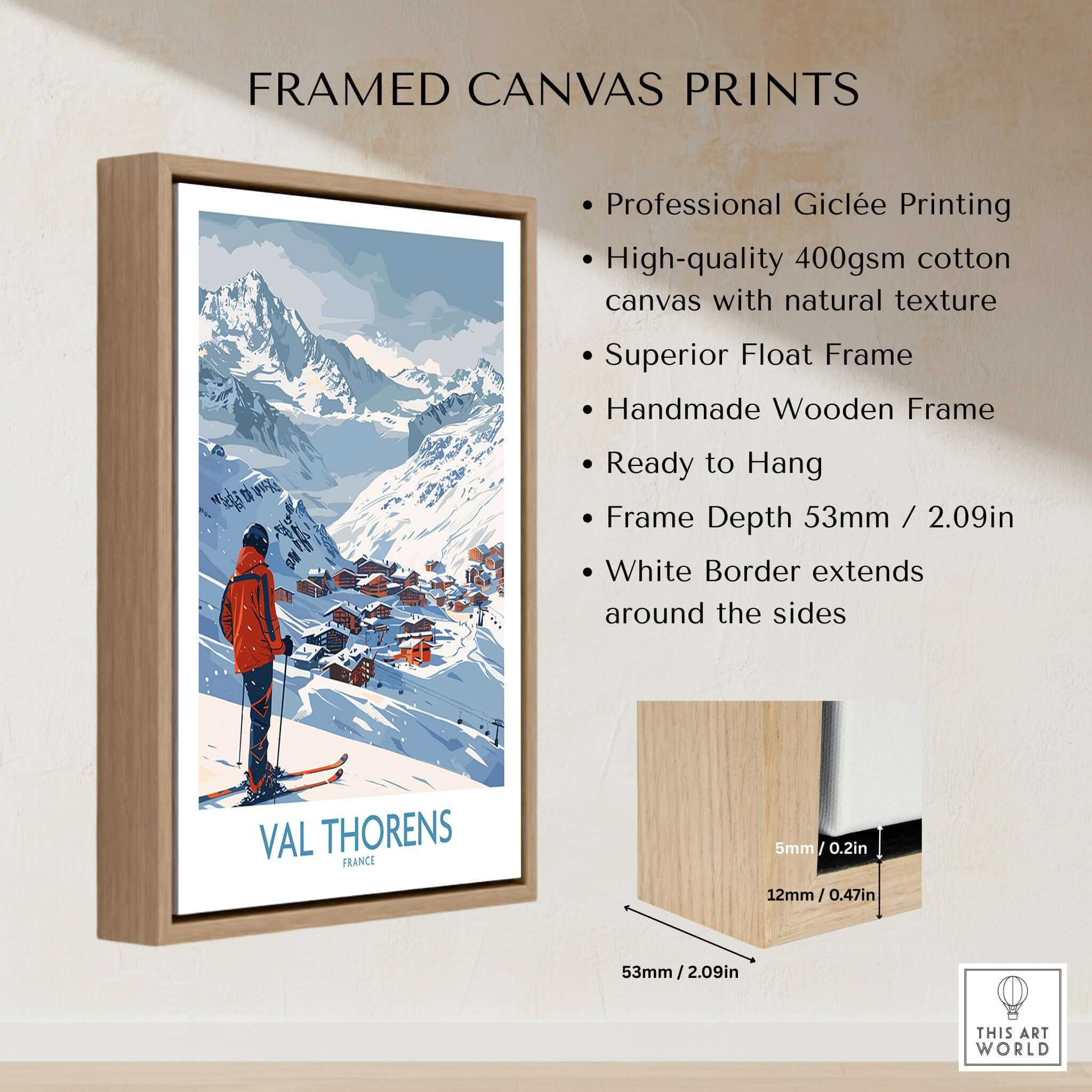 Val Thorens France Print framed canvas print featuring ski scene with mountains, ready to hang, professional giclée printing.