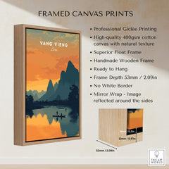 Vang Vieng Laos Travel Poster | Nam Song River Sunset Wall Art Print with wooden frame and giclée quality.