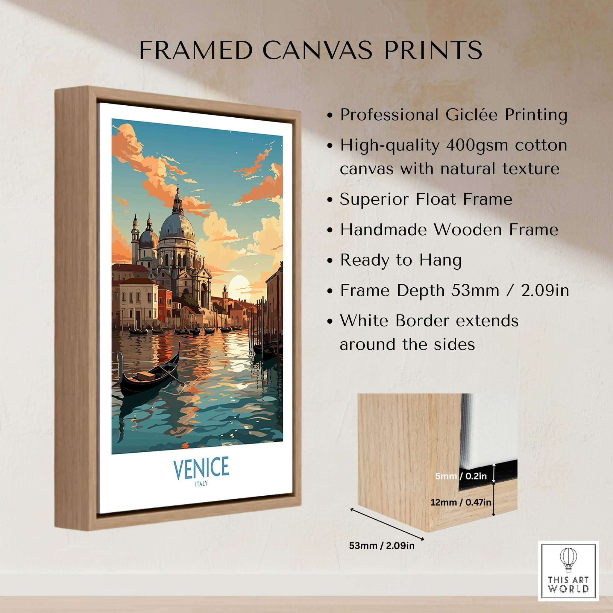 Venice Boat Print framed canvas showcasing vibrant colors of Venice, Italy, ready to hang on the wall.