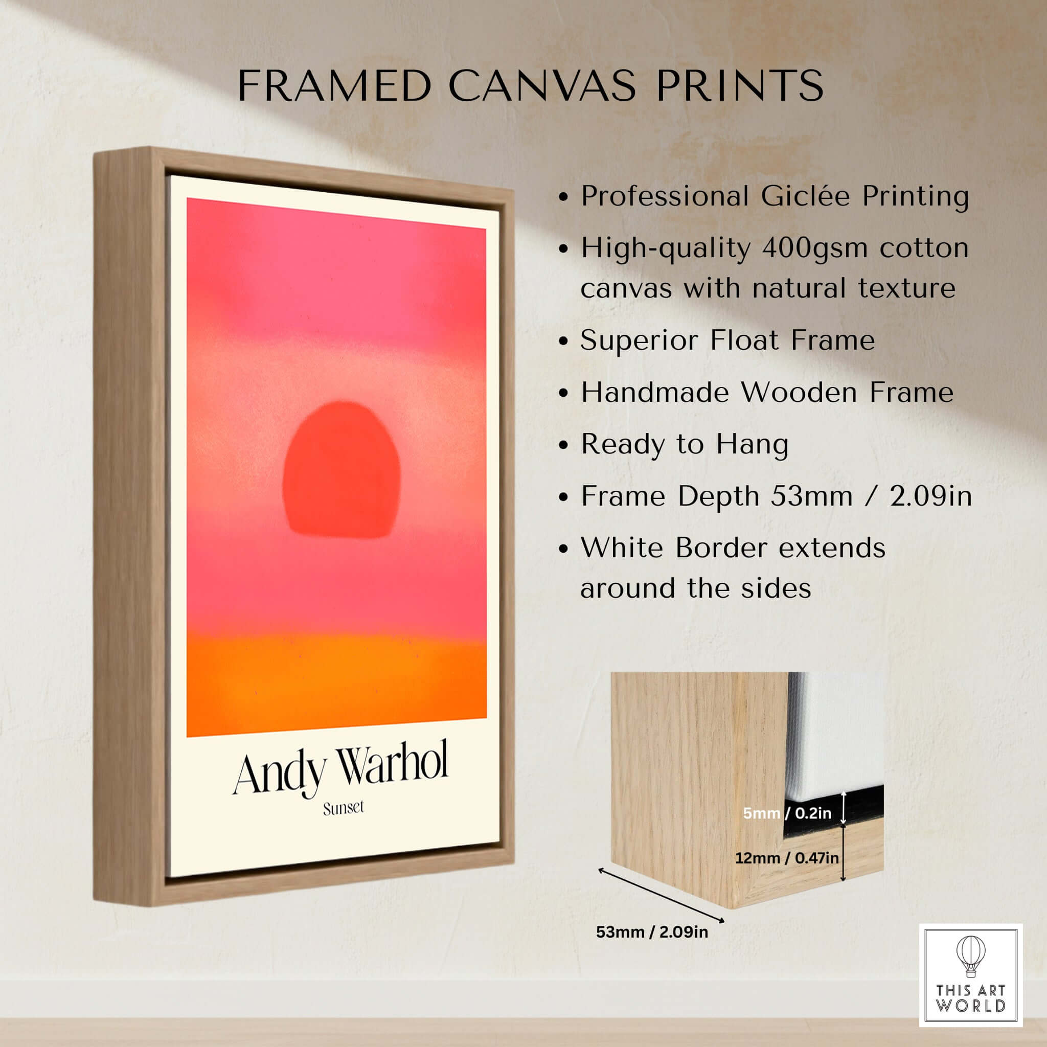 Andy Warhol Sunset Pink Orange Pop Art Print Modern Abstract Poster Wall Art framed canvas print with wooden frame.