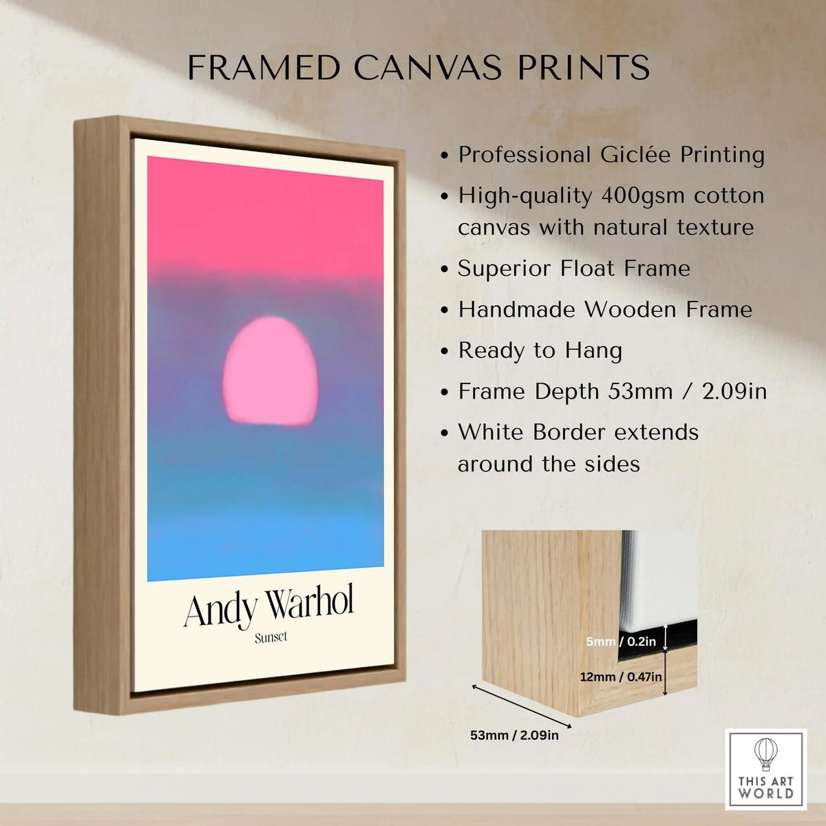 Andy Warhol Sunset Pink Blue Pop Art Poster Abstract Screenprint Wall Art Print framed in a wooden frame with white border.