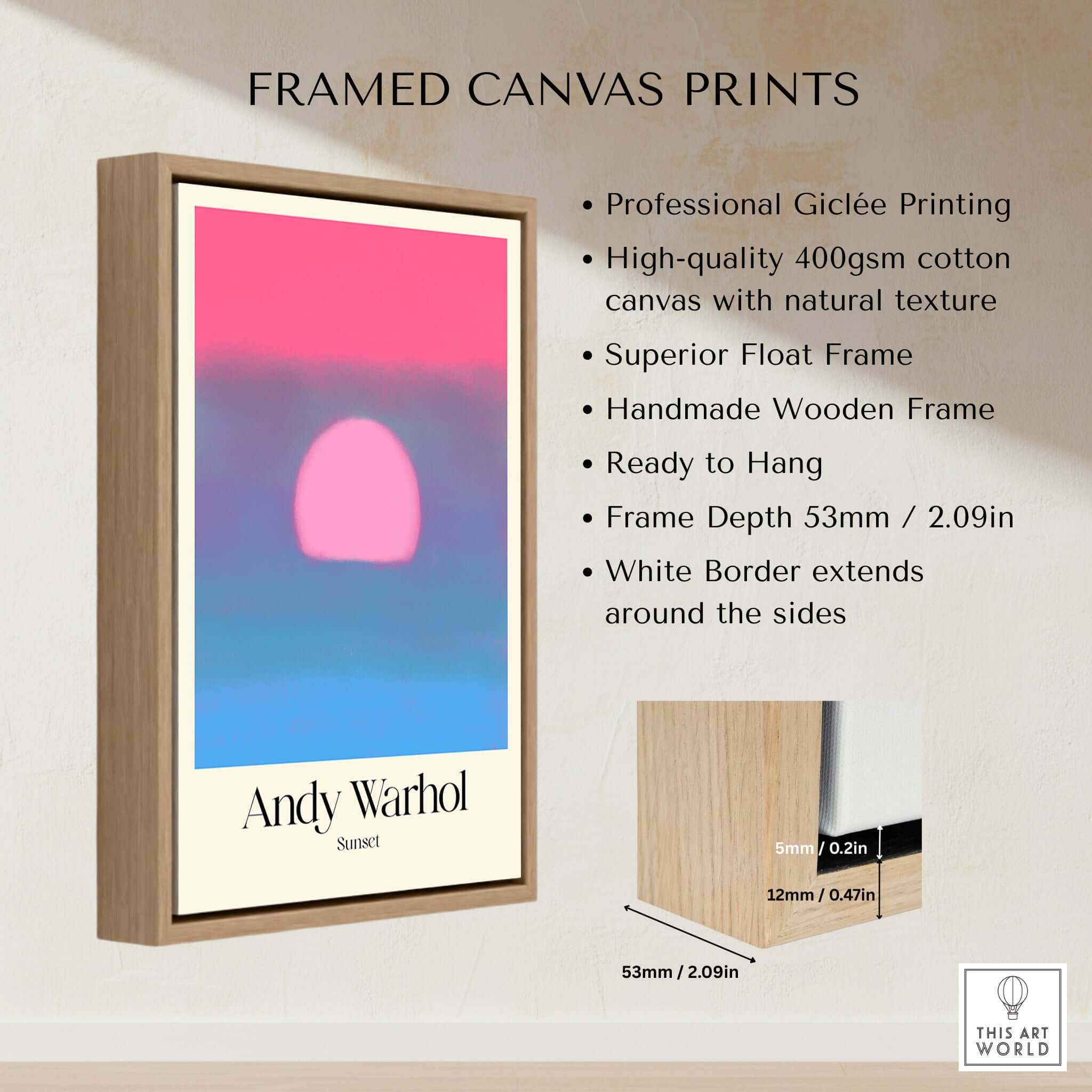 Andy Warhol Sunset Pink Blue Pop Art Poster Abstract Screenprint Wall Art Print framed in a wooden frame with white border.