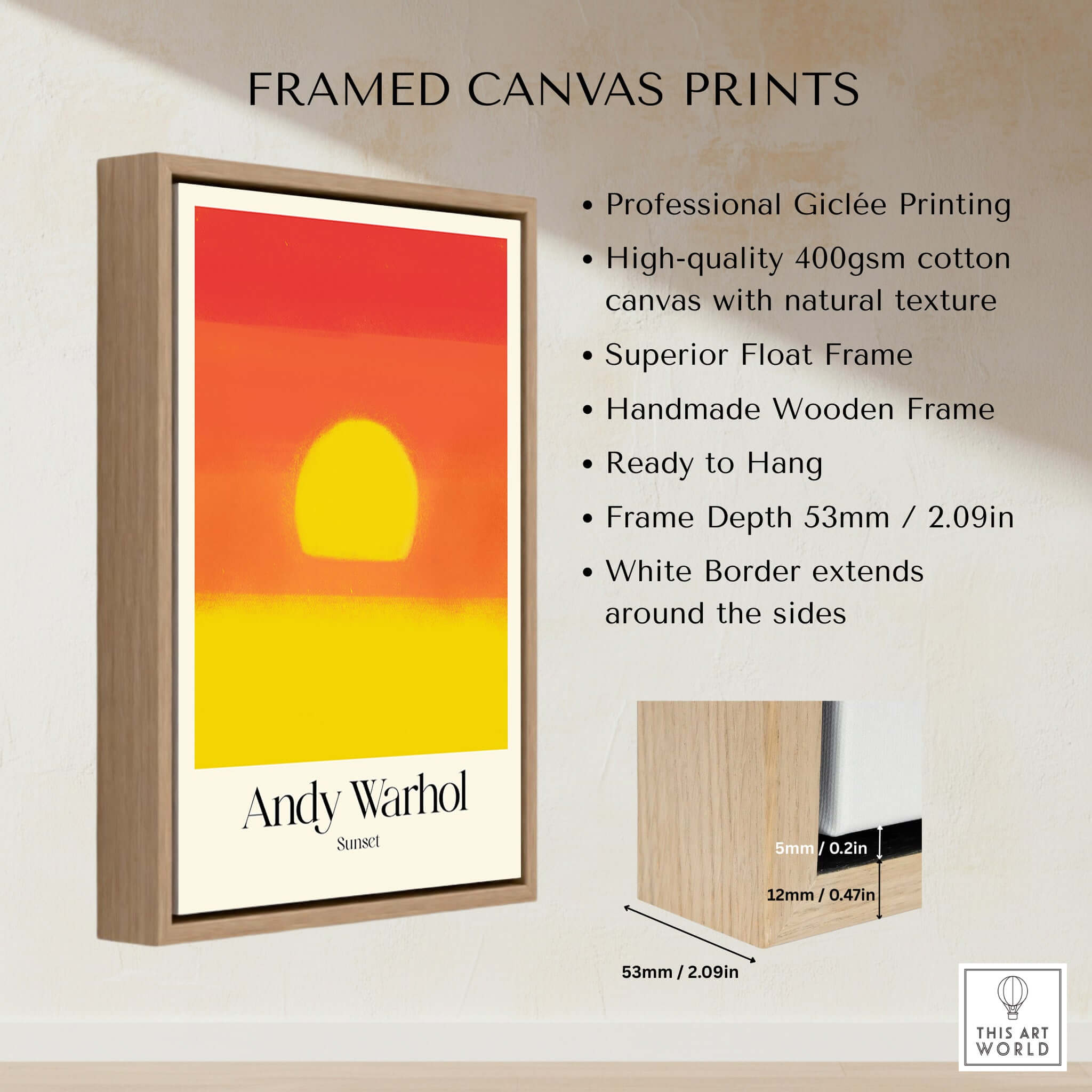 Andy Warhol Sunset Red Yellow Pop Art Abstract Print Modern Landscape Poster framed canvas print with natural texture.