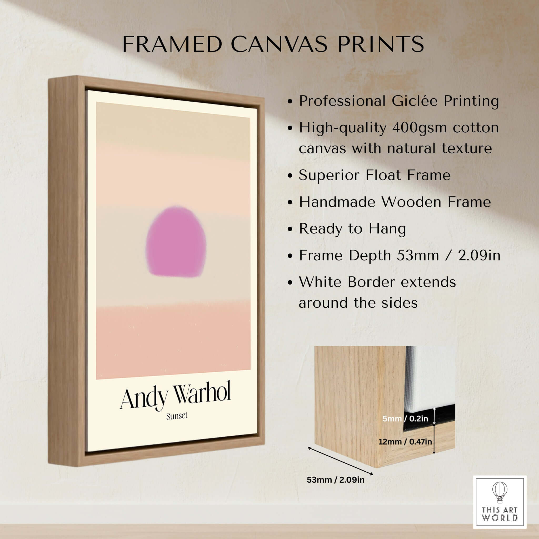 Andy Warhol Sunset Pastel Pink Purple Pop Art Print Subtle Abstract Poster Wall Art framed canvas print details