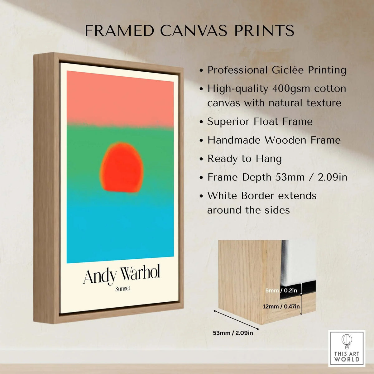 Andy Warhol Sunset Coral Green Blue Pop Art Poster Abstract Wall Art Print Modern framed canvas with a wooden frame.