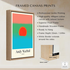 Andy Warhol Sunset Coral Green Blue Pop Art Poster Abstract Wall Art Print Modern framed canvas with a wooden frame.