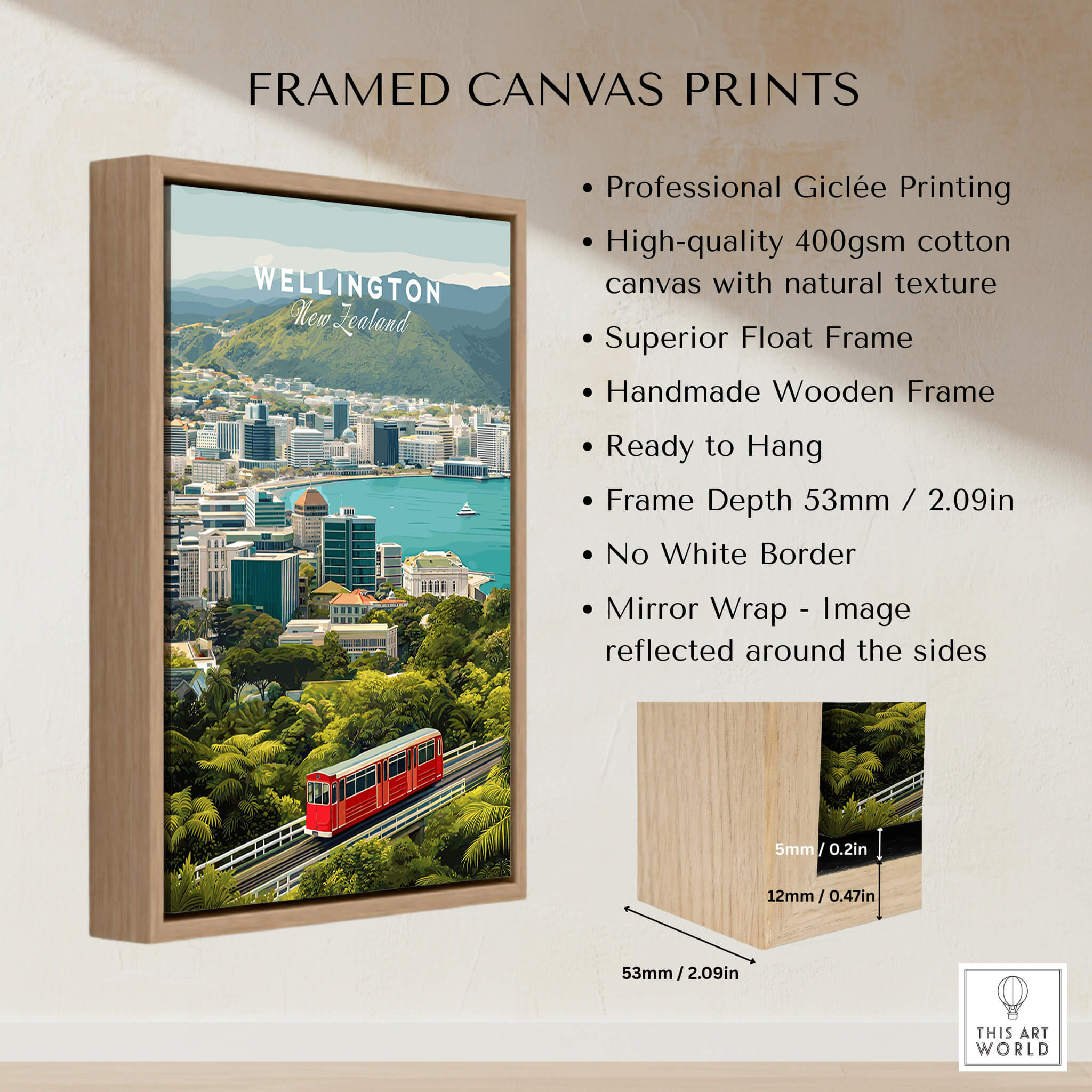 Wellington New Zealand Wall Art Print | Travel Poster featuring a scenic view of the city with framed canvas design.