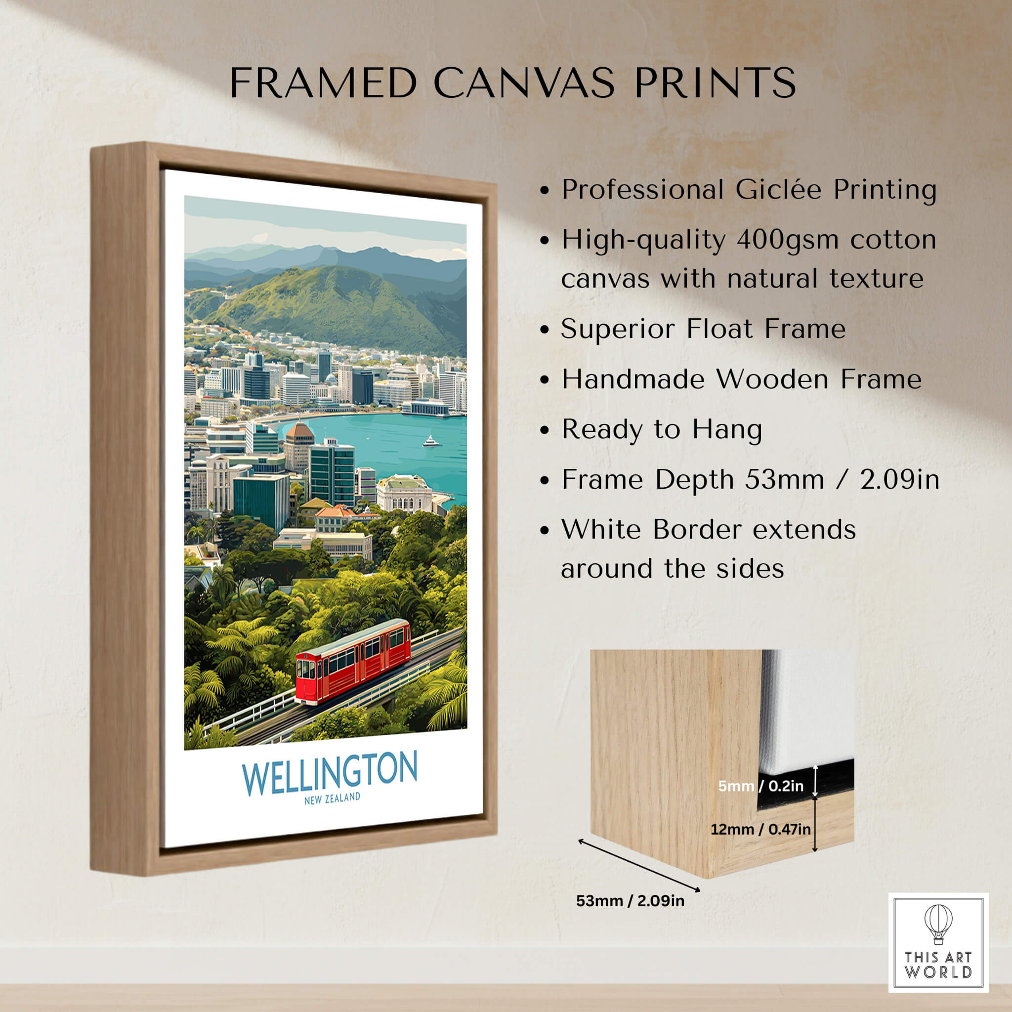 Wellington New Zealand Poster | Scenic City Skyline Landscape Canvas Print framed in a wooden float frame highlighting the vibrant city.