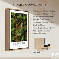William Morris Ginger Cat in Tree Botanical Art Print - Foliage Poster in a stylish wooden frame.