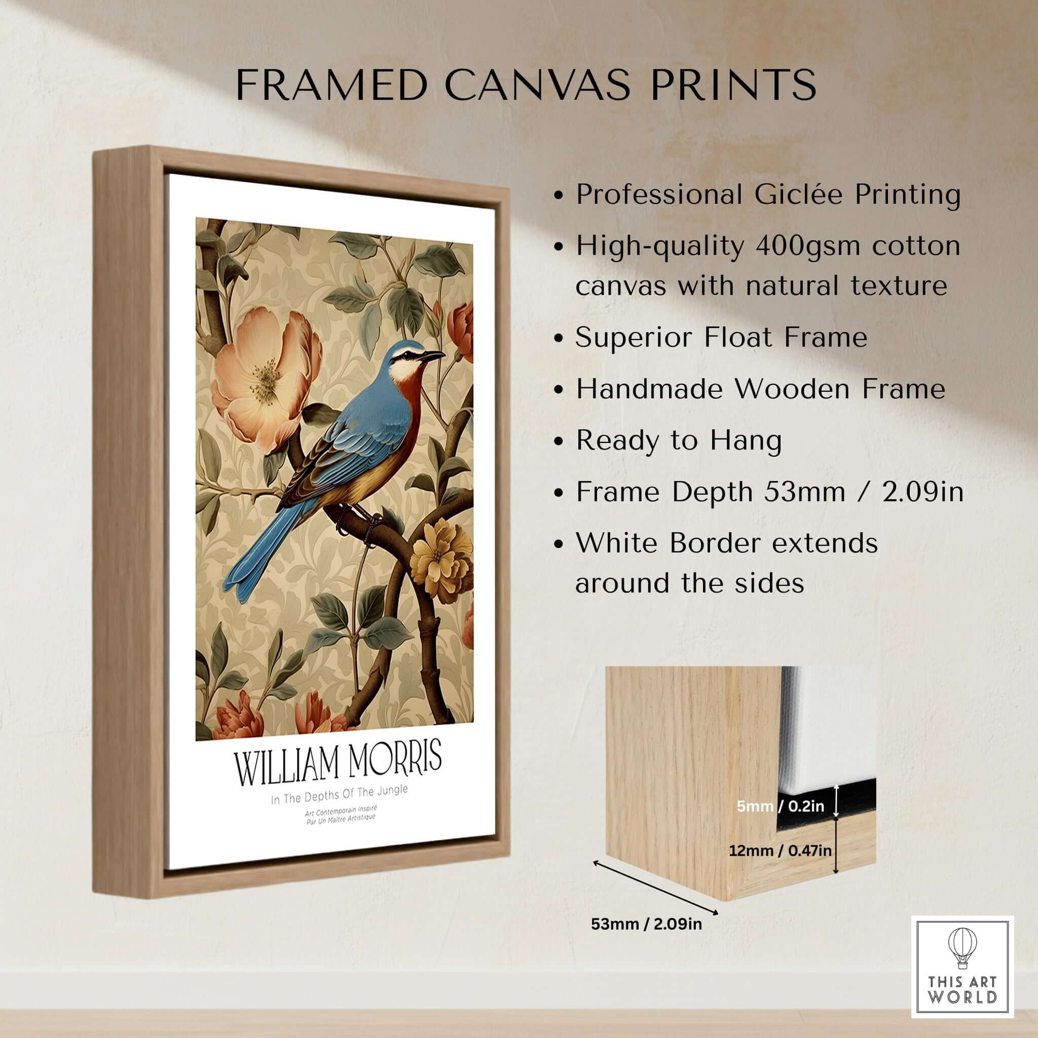William Morris Prints - Blue Bird Floral Art Print - Botanical Poster framed canvas print with natural texture.