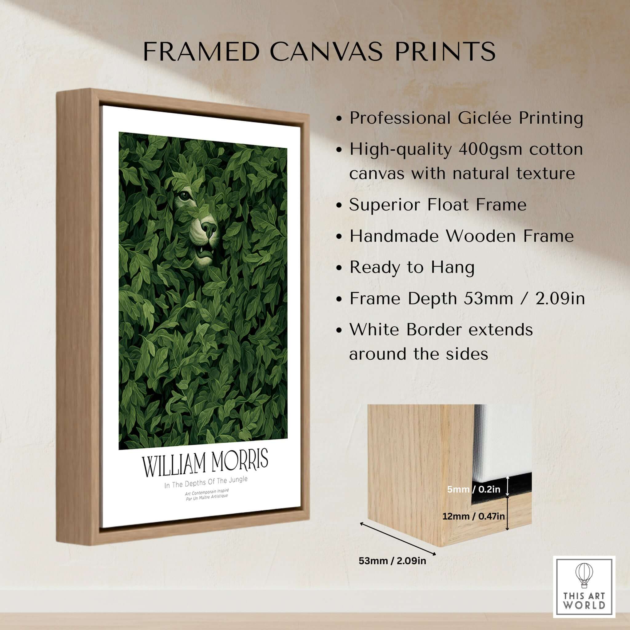 William Morris Prints - In the Depths of the Jungle Foliage Botanical Art Print framed canvas with big cat and green leaves.