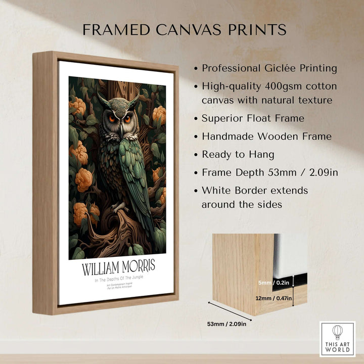 William Morris Prints - Wise Owl Botanical Art Print - Floral Tree Poster in a framed canvas format with wooden frame.