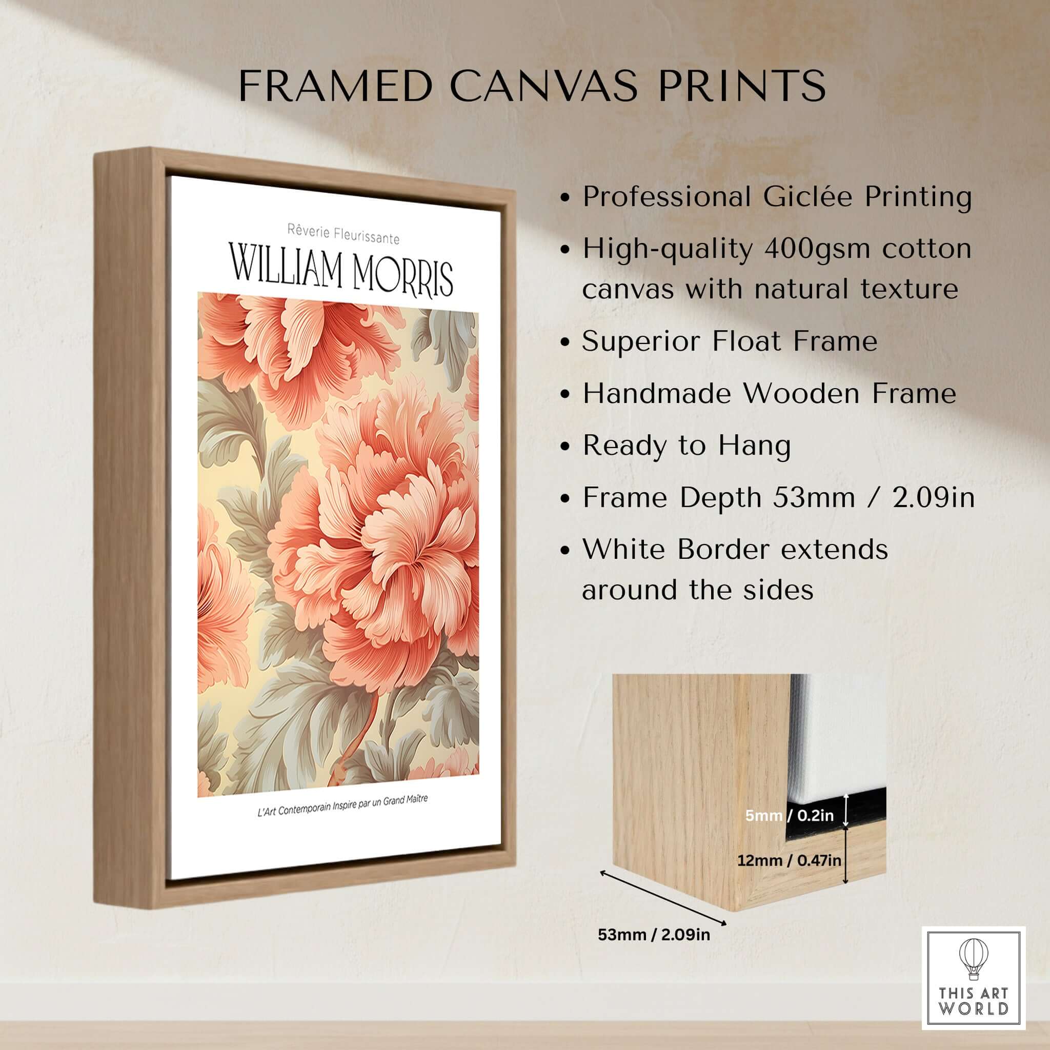 William Morris Prints - Pink Peony Pattern Art Print - Floral Botanical Poster in a framed canvas