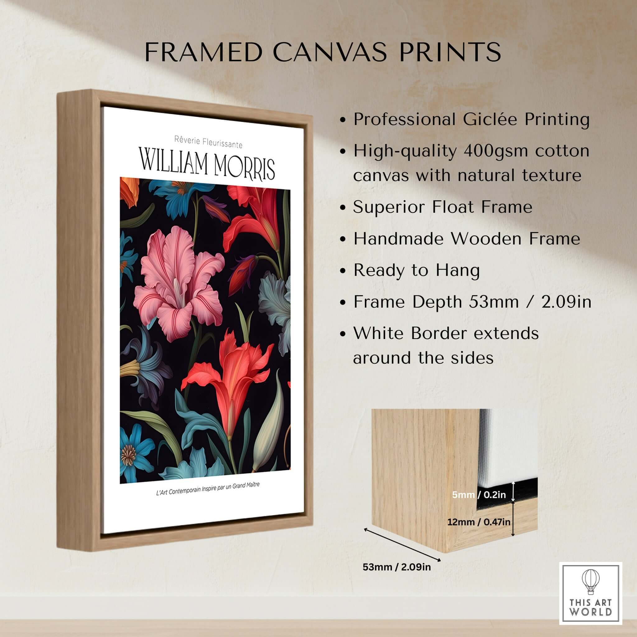 William Morris Prints - Dark Floral Lily Art Print - Vibrant Botanical Poster displayed in a framed canvas print.