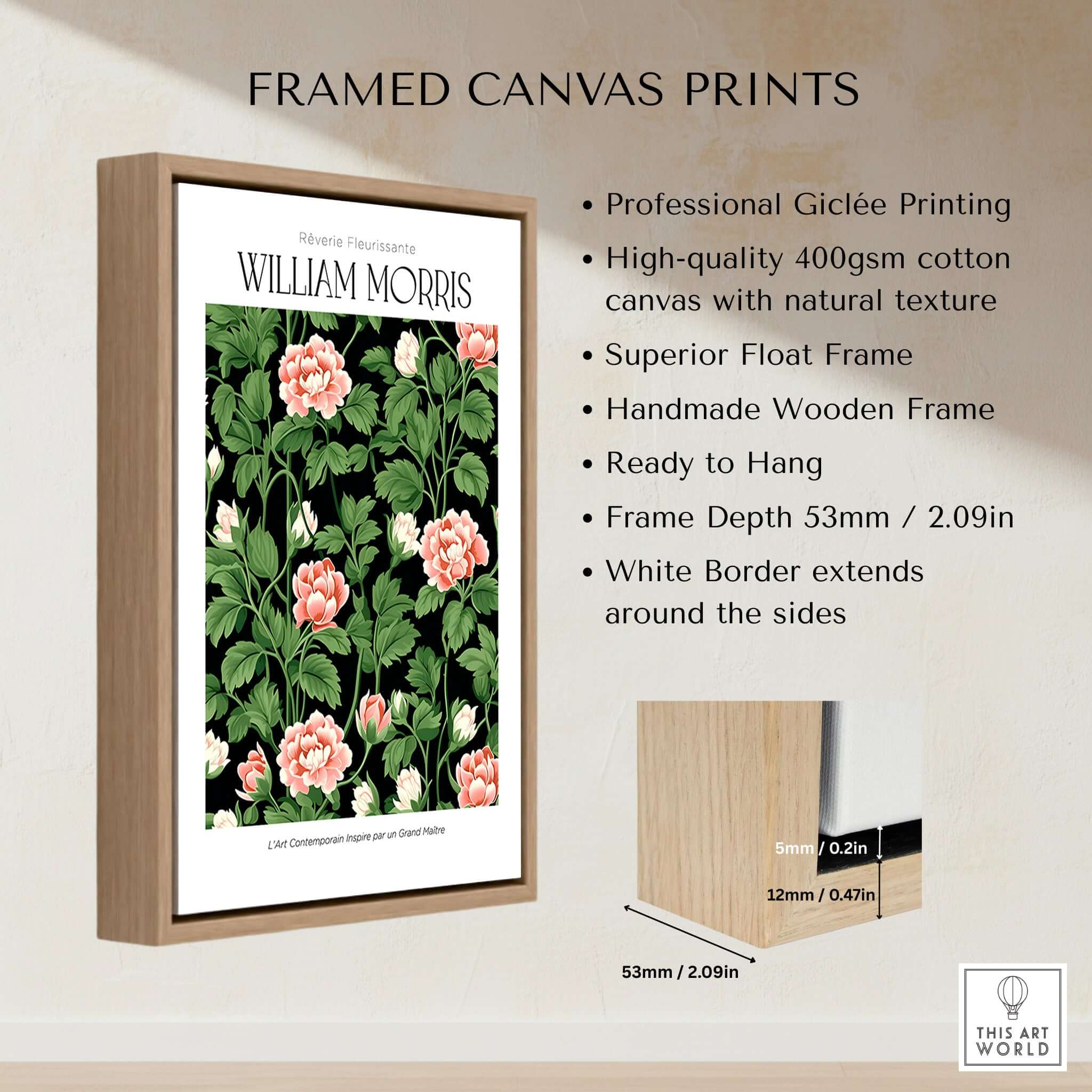 William Morris Prints - Pink Blossom Art Print - Dark Botanical Poster framed canvas print with floral design.