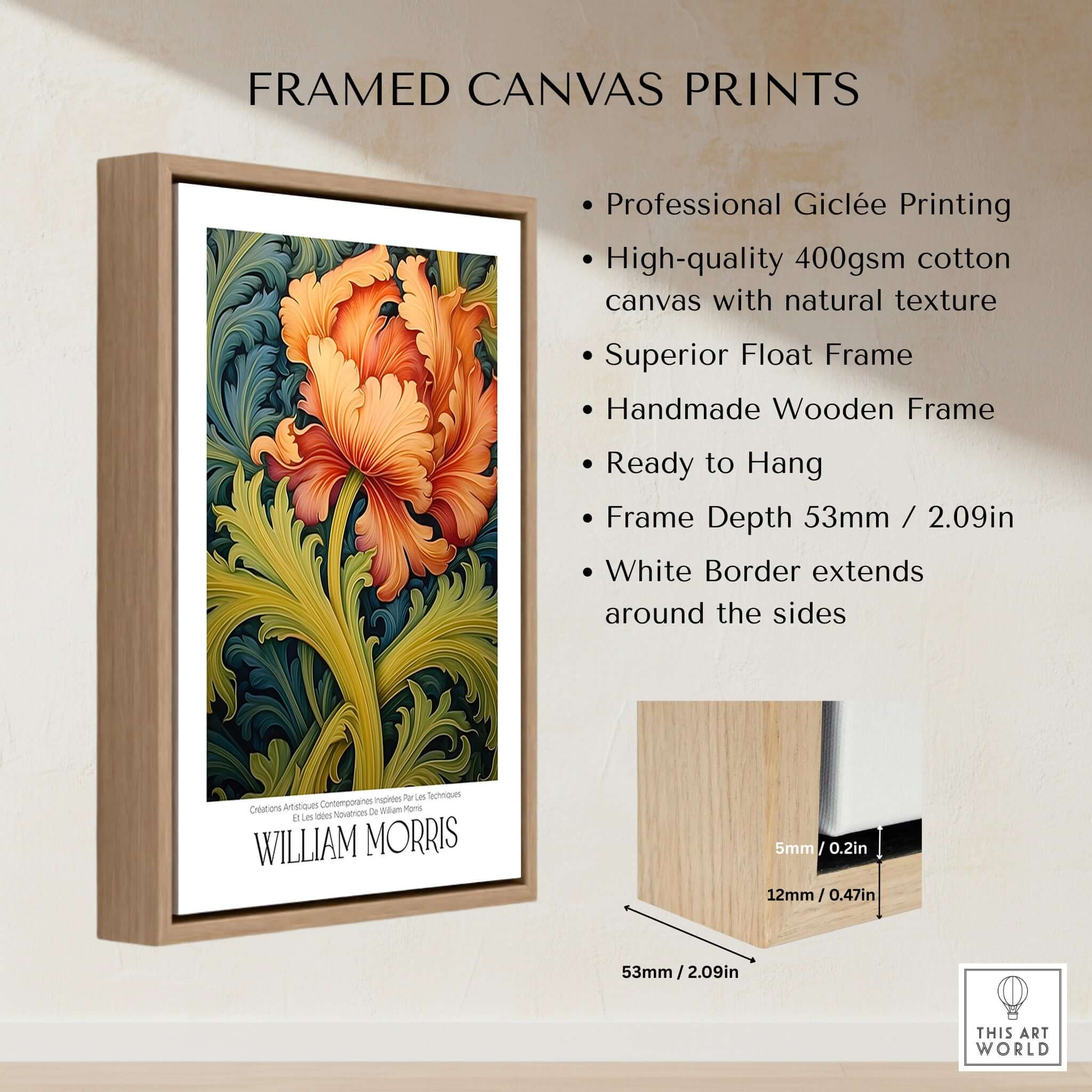 William Morris Orange Bloom Swirling Leaves Art Print - Botanical Poster framed canvas print showcasing vibrant floral design.