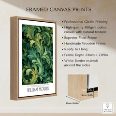 William Morris Prints - Green Acanthus Swirl Pattern Art Print - Botanical Foliage Poster showcased in a wooden frame.