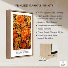 William Morris Prints - Orange Gold Floral Pattern Art Print - Dark Botanical Poster with frame and specifications.