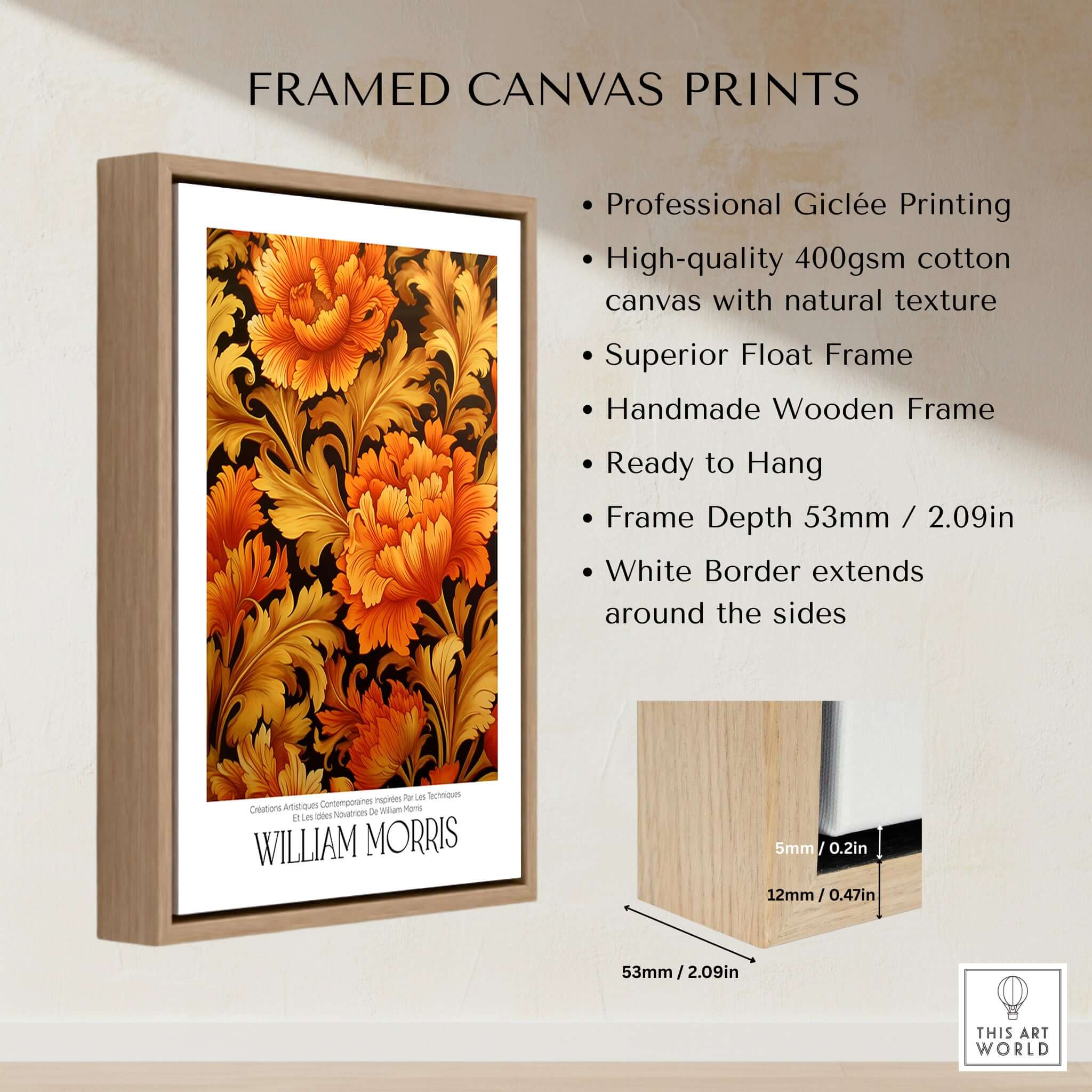 William Morris Prints - Orange Gold Floral Pattern Art Print - Dark Botanical Poster with frame and specifications.