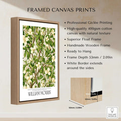 William Morris Prints - White Blossom Branch Art Print - Exhibition Poster framed canvas with natural texture.