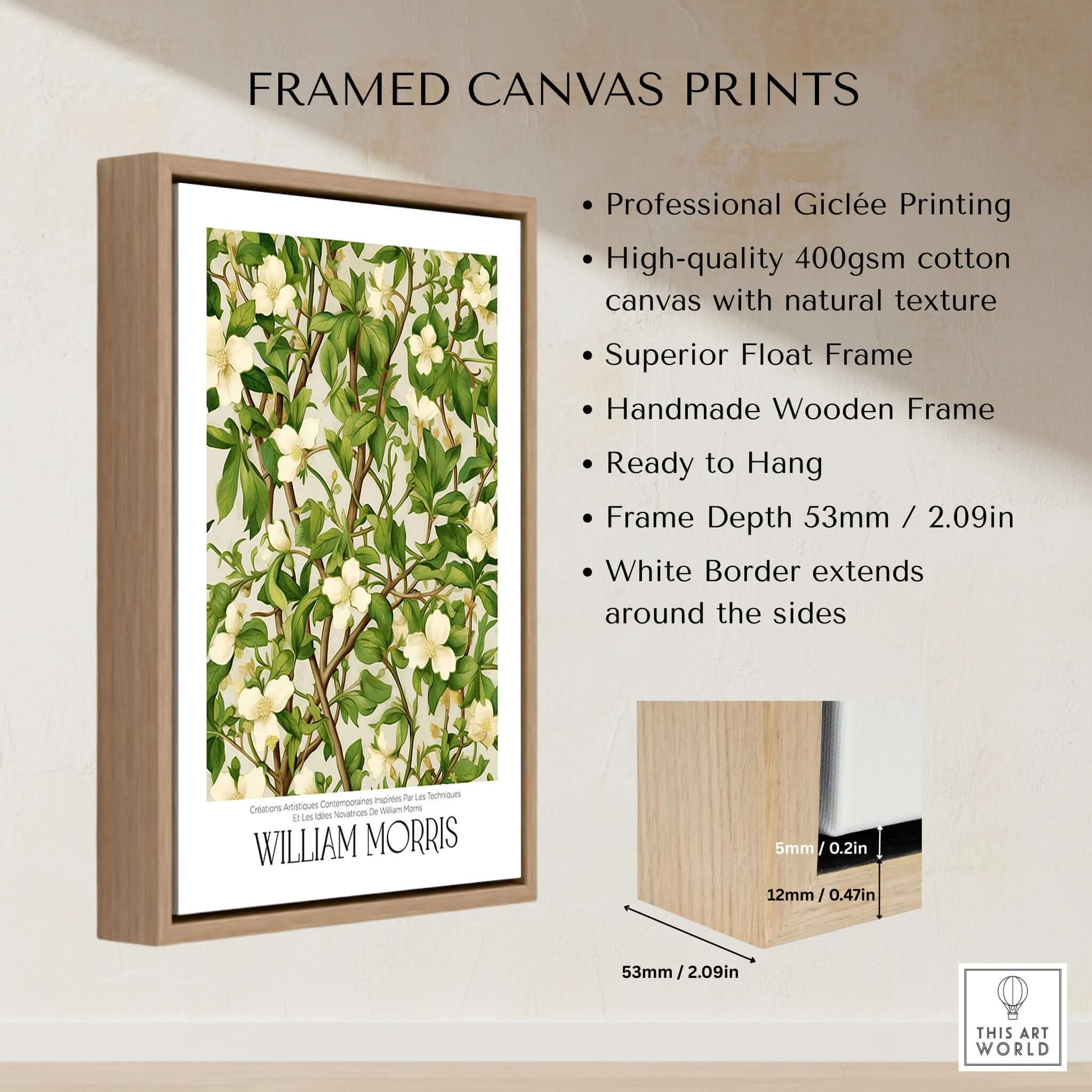 William Morris Prints - White Blossom Branch Art Print - Exhibition Poster framed canvas with natural texture.