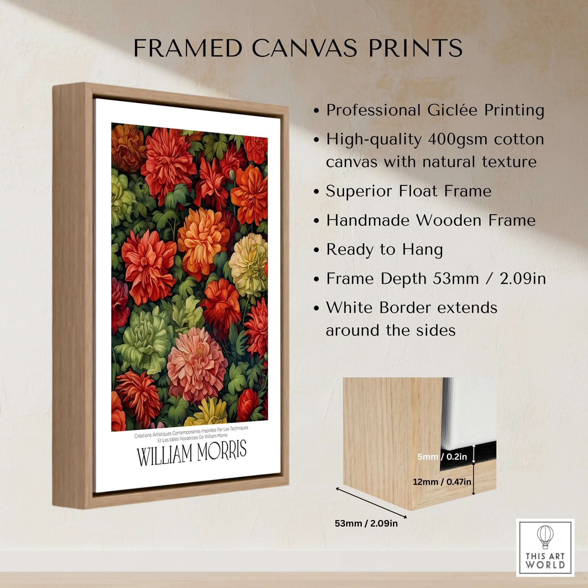 William Morris Prints - Abundant Floral Bloom Art Print - Colourful Botanical Poster framed canvas print on display.