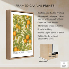 William Morris Prints - Orange Grove Fruit Tree Art Print - Botanical Poster displayed in a framed canvas print.