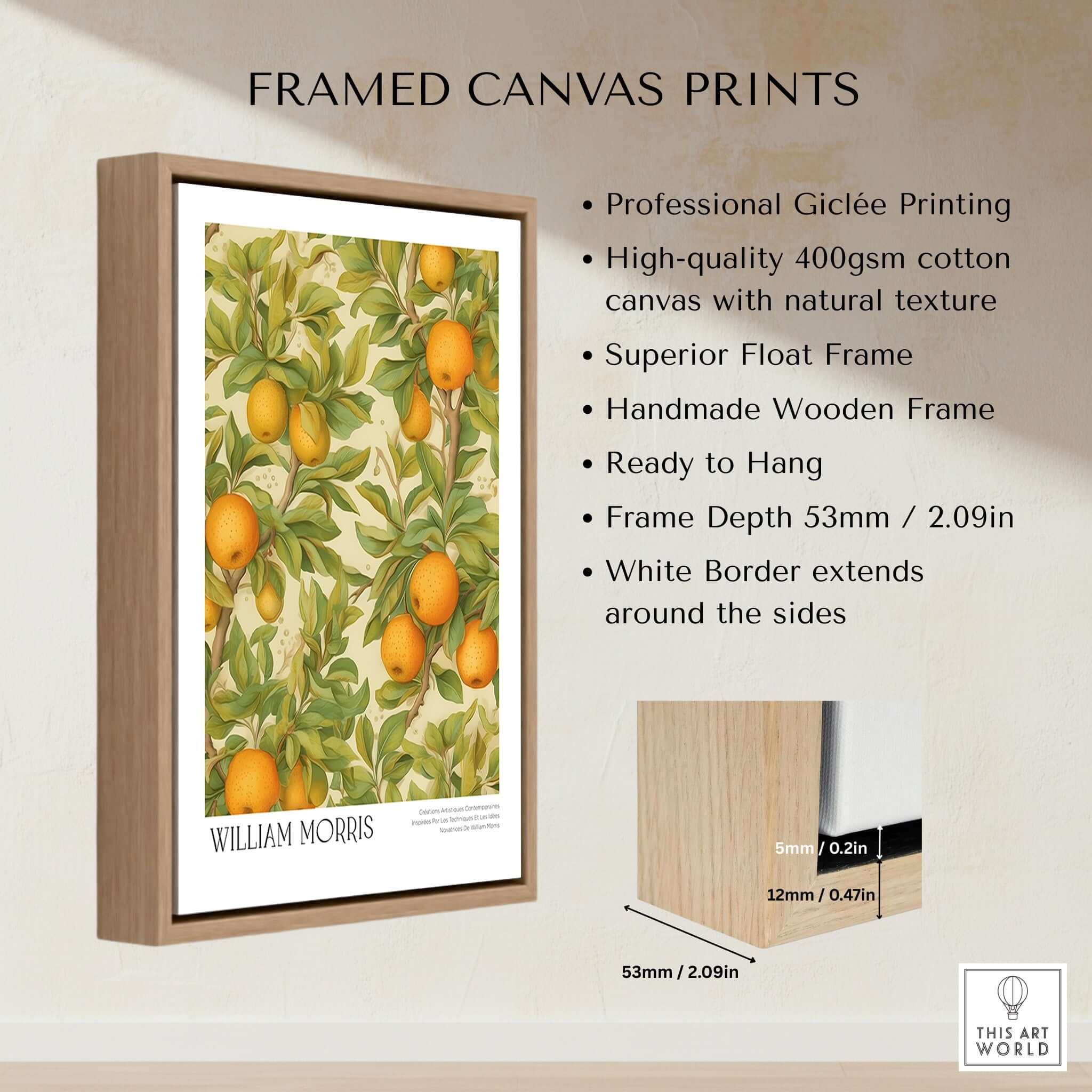 William Morris Prints - Orange Grove Fruit Tree Art Print - Botanical Poster displayed in a framed canvas print.