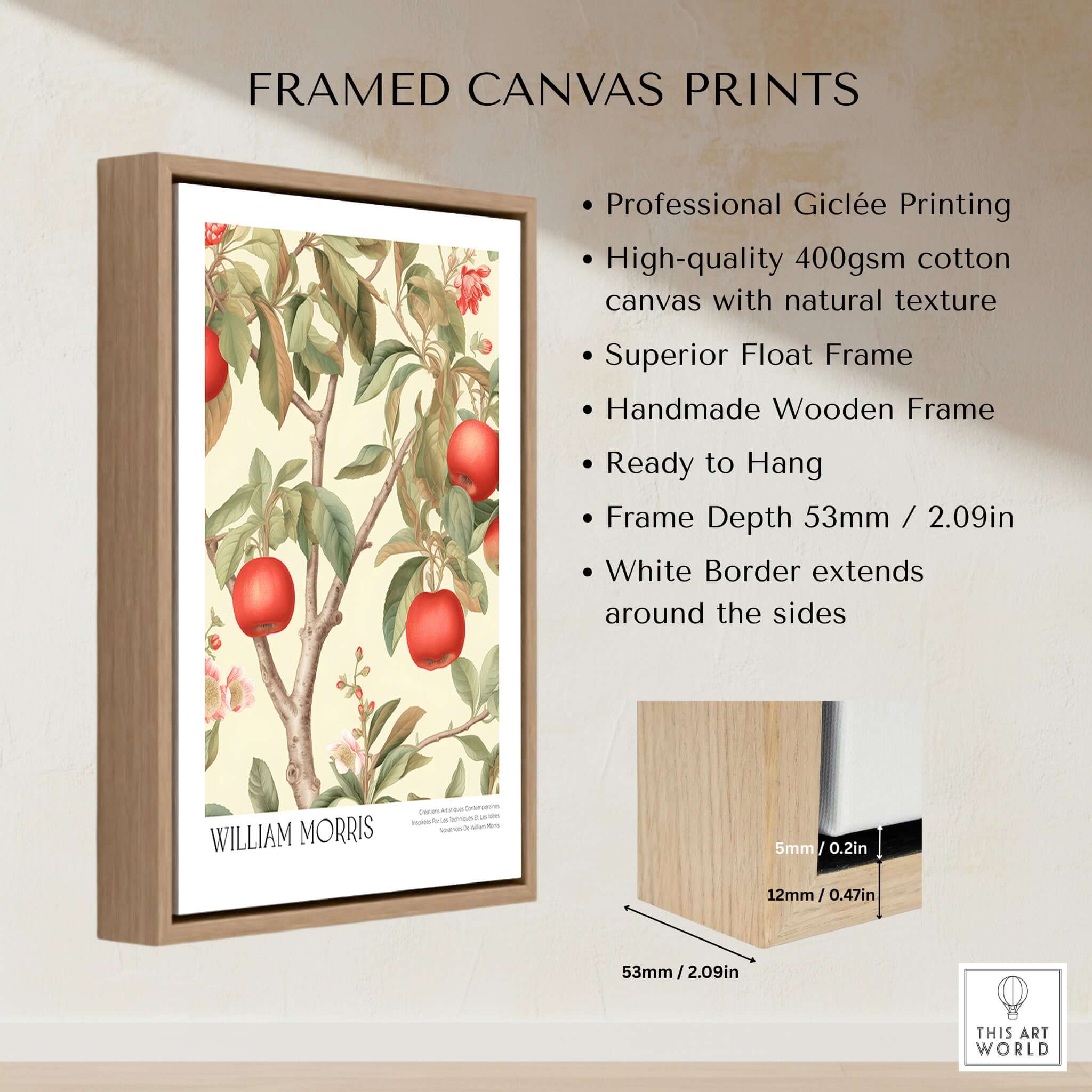 William Morris Prints - Apple Tree Fruit Botanical Art Print - Orchard Blossom Poster framed canvas with apple illustrations.