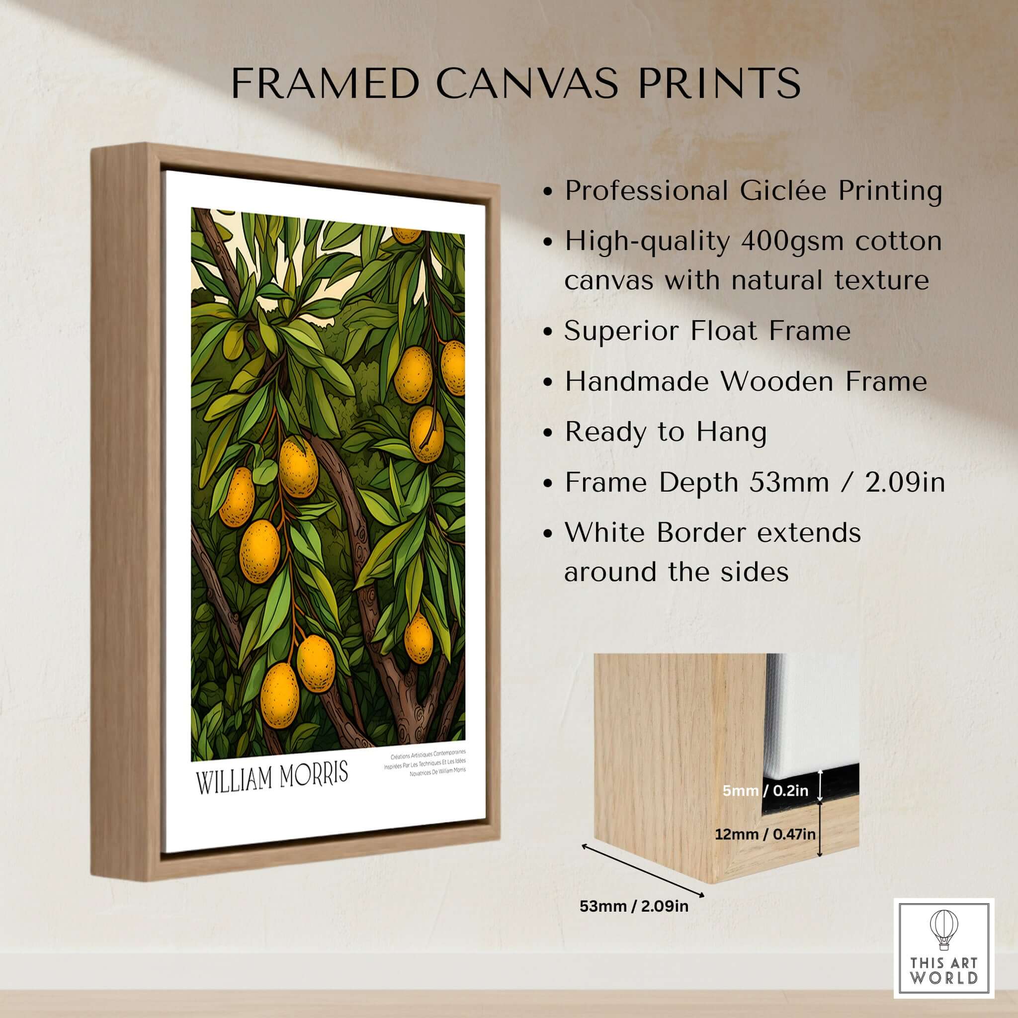 William Morris Prints - Illustrated Orange Tree Art Print - Botanical Fruit Poster in a framed canvas.