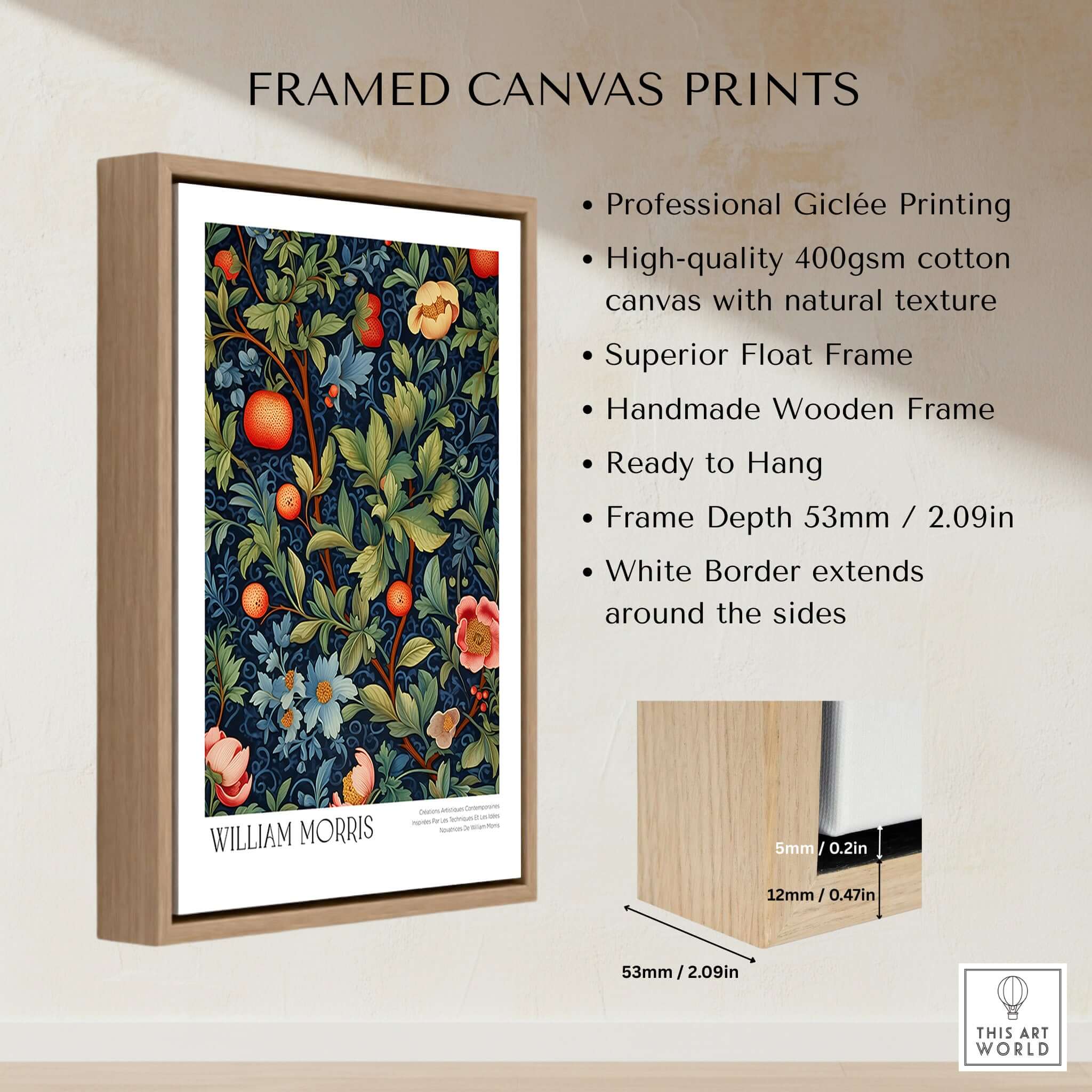 William Morris William Morris Fruit and Floral Vine Art Print - Dark Botanical Poster displayed in a framed canvas print.