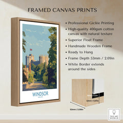 Framed Windsor England travel poster with wooden float frame and canvas print details.