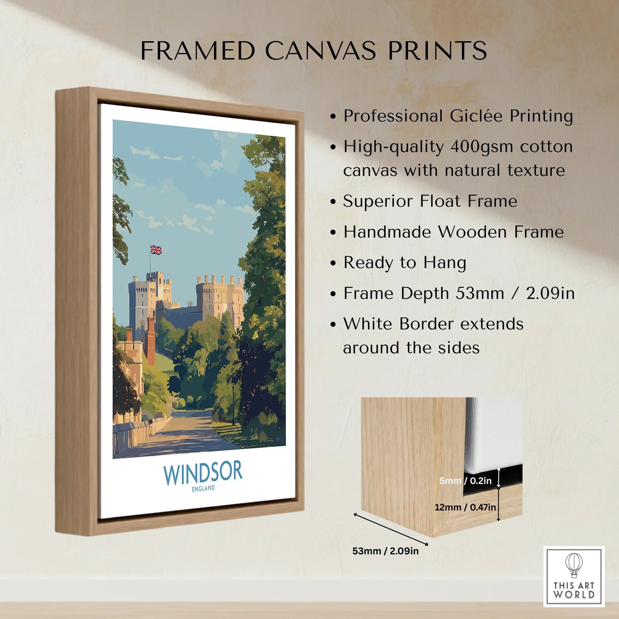Framed Windsor England travel poster with wooden float frame and canvas print details.