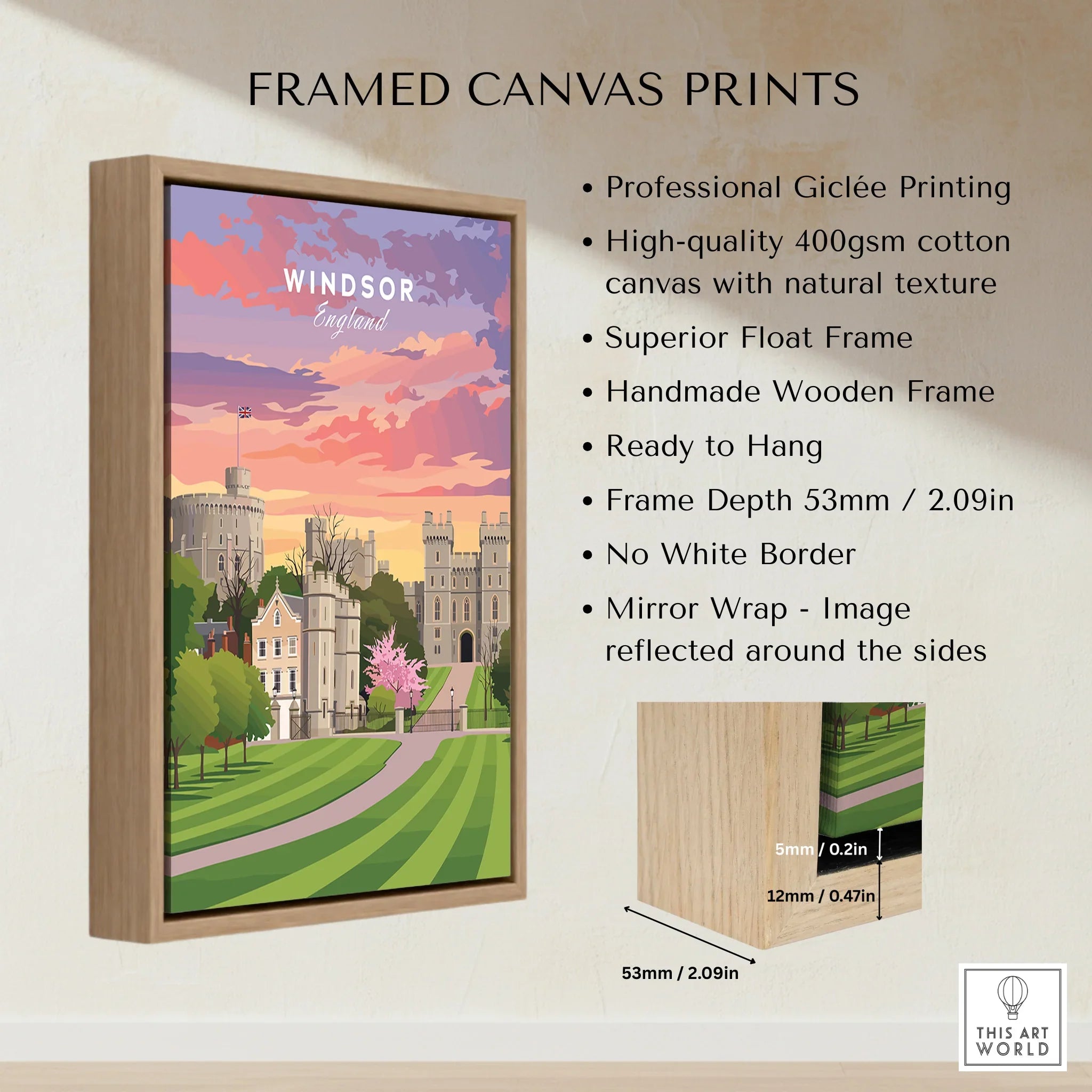 Framed Windsor England canvas print with float frame and detailed construction features.