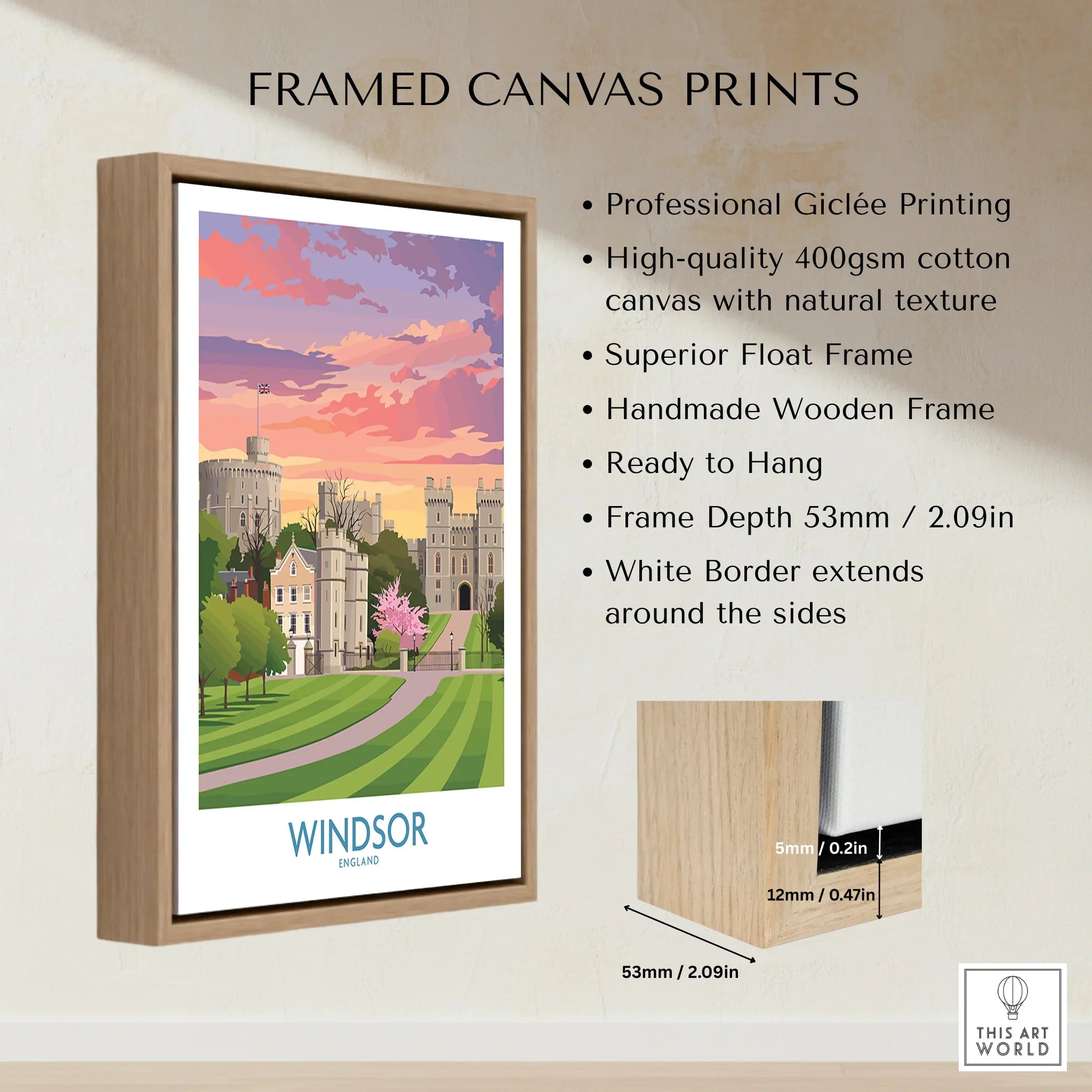 Framed Windsor England canvas print with wooden float frame and white border, modern wall art.