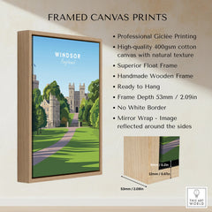 Framed Windsor England travel poster print in float wooden frame, wall art decor details.