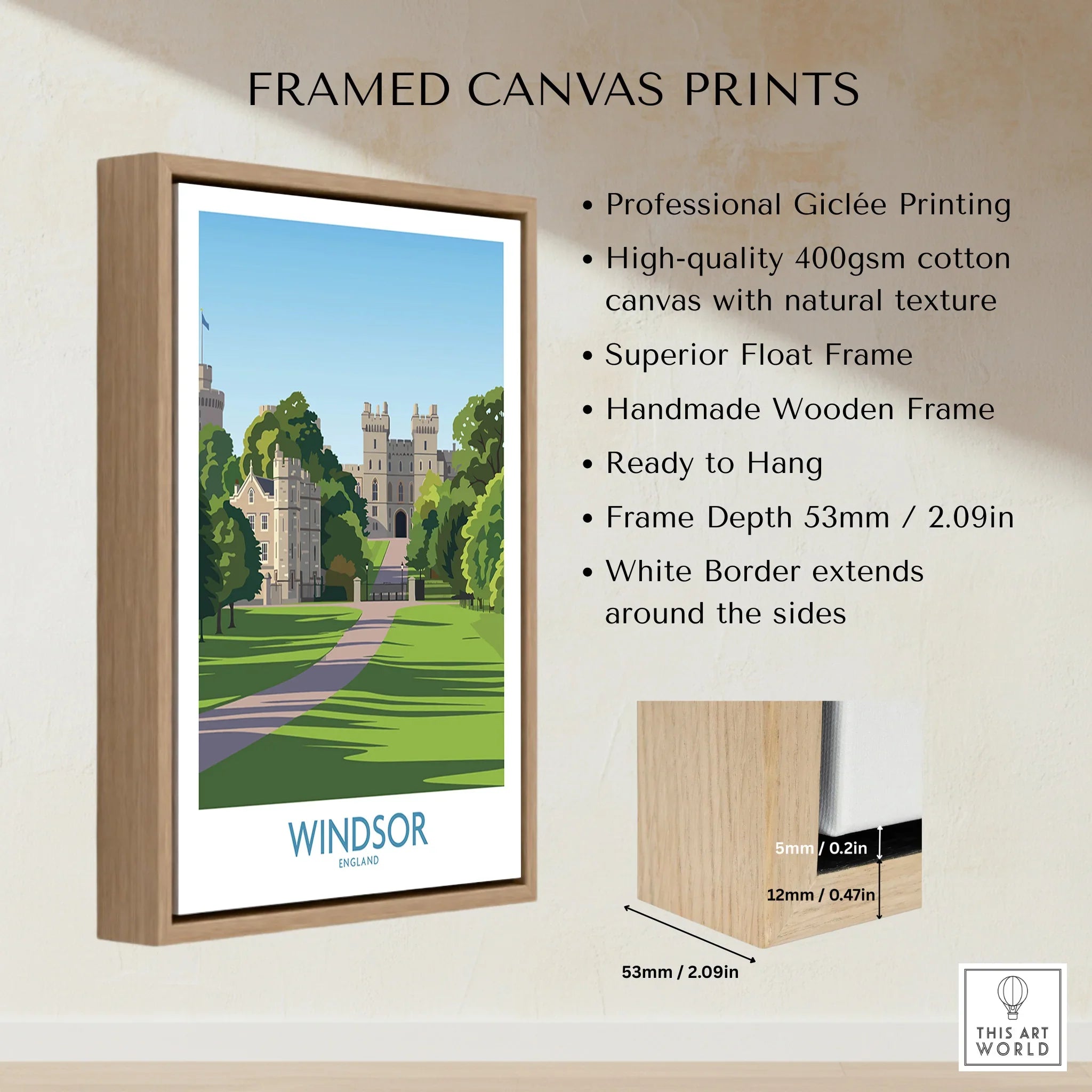 Windsor England framed canvas print with float frame and detailed handmade wooden frame