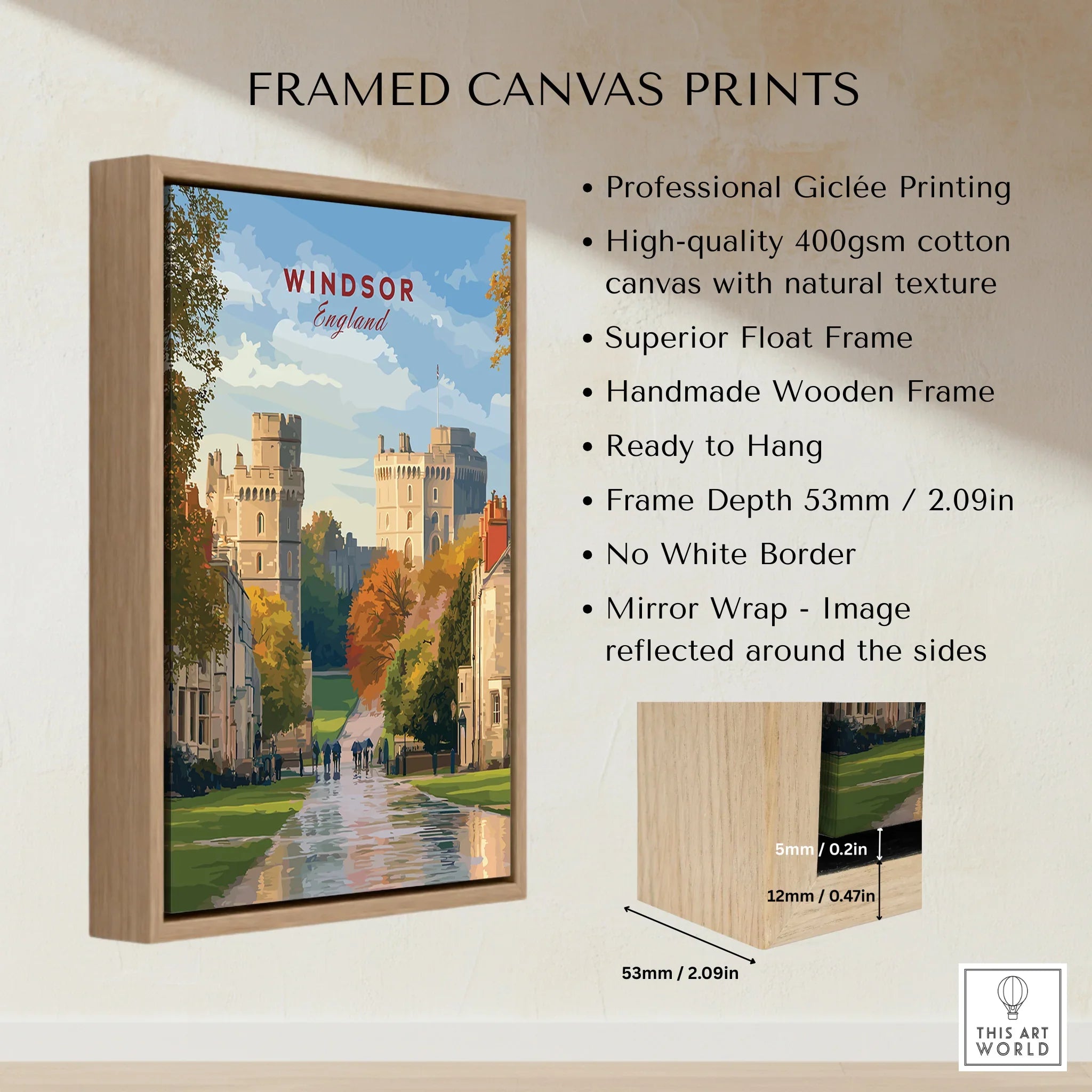 Framed Windsor England travel poster print with float frame and quality wood details.