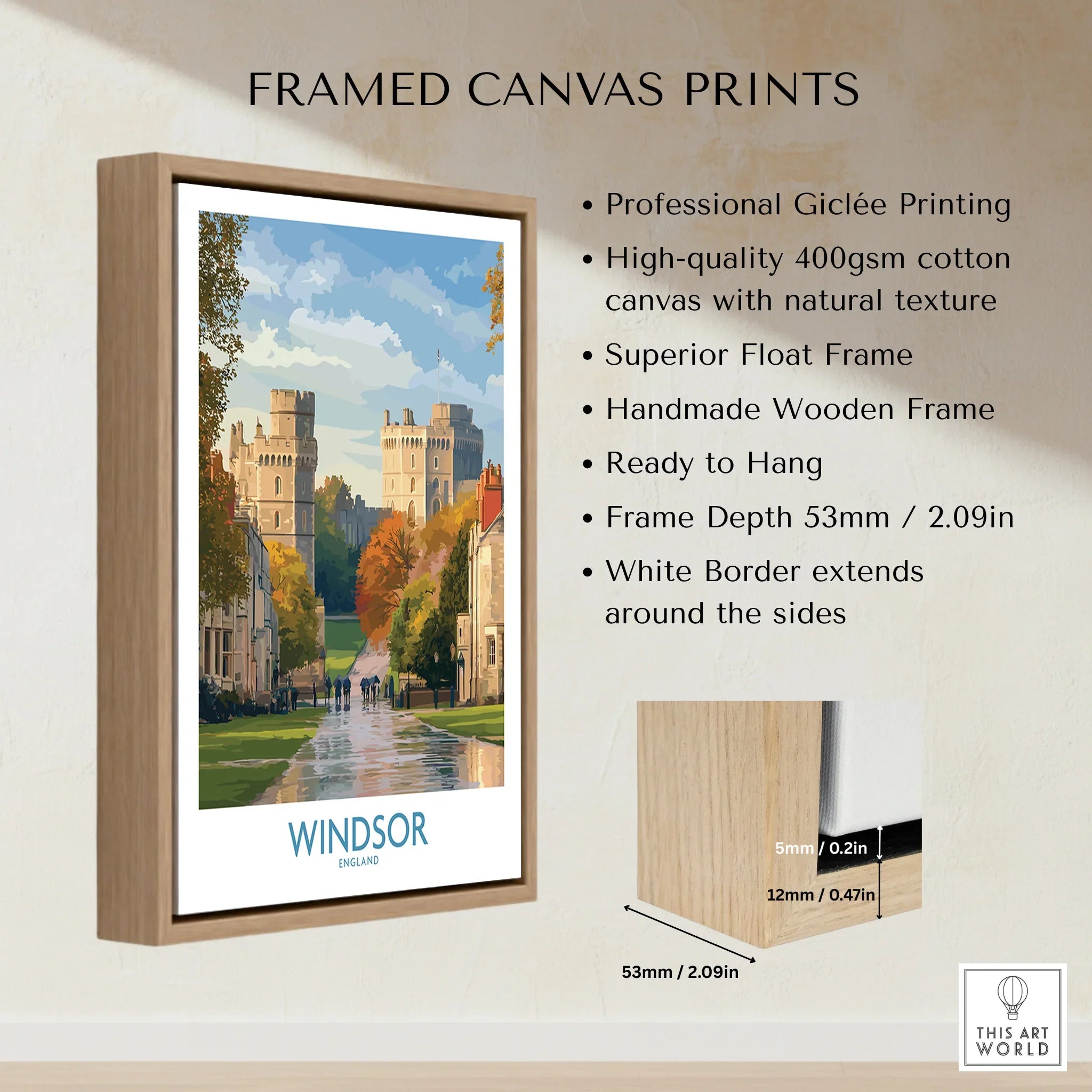 Framed canvas print of Windsor England travel art with wooden float frame and white border