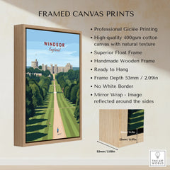 Windsor England travel poster framed in wooden canvas float frame, wall art details shown