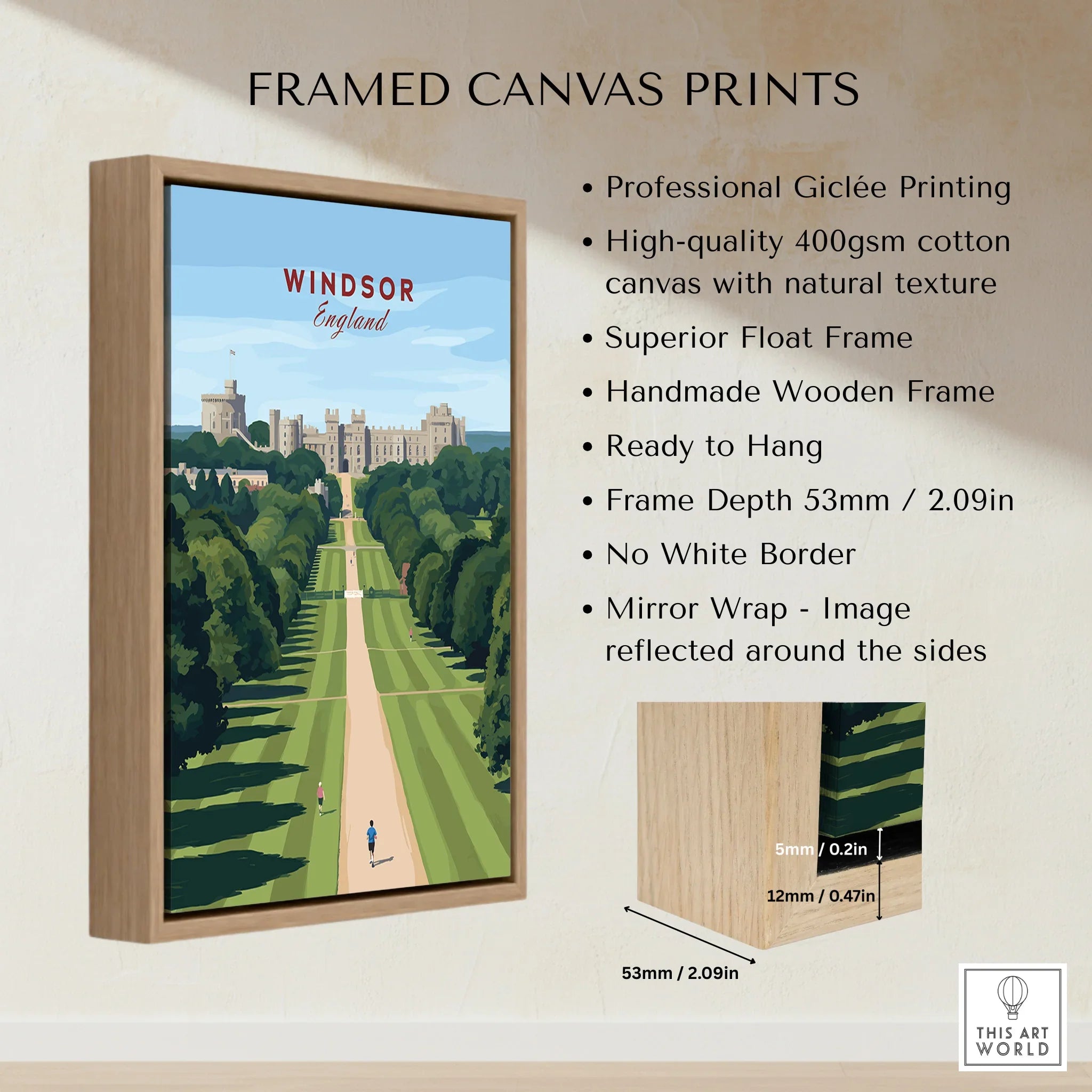Windsor England travel poster framed in wooden canvas float frame, wall art details shown