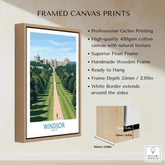 Windsor England travel poster in handmade wood float frame, canvas print with white border.