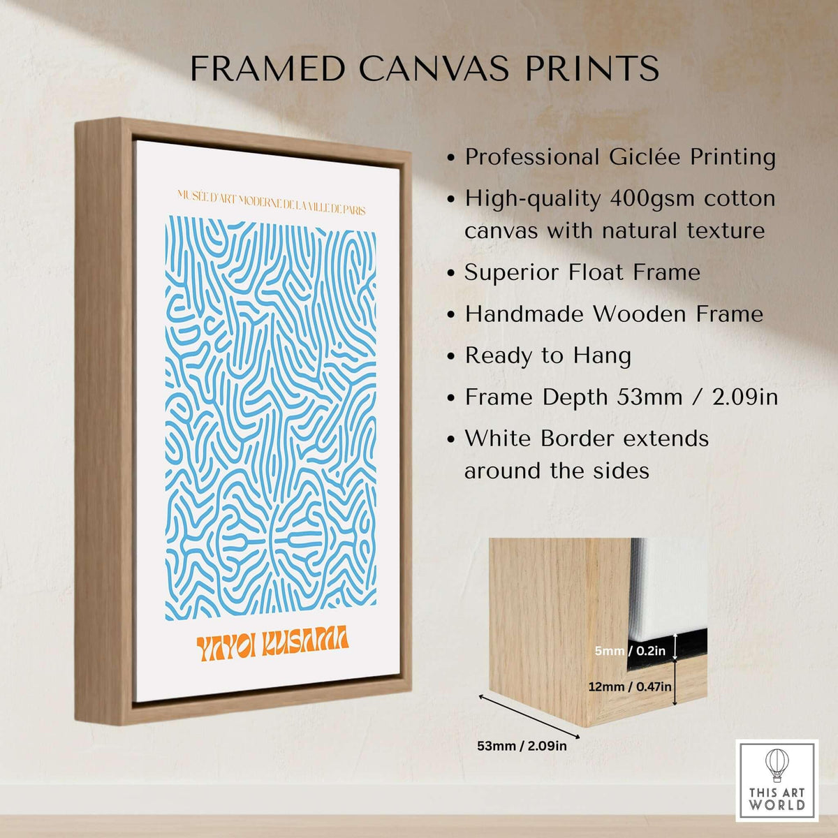 Yayoi Kusama Blue Infinity Net Pattern Abstract Art Print Paris Exhibition Poster framed canvas print details