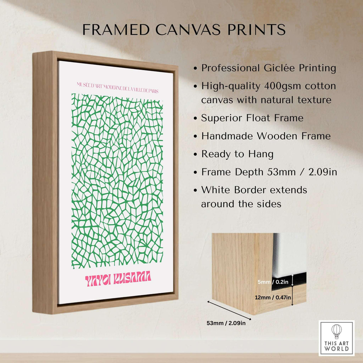 Yayoi Kusama Green Net Pattern Abstract Contemporary Art Print Paris Poster Decor framed in a stylish wooden float frame