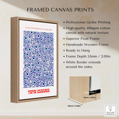 Yayoi Kusama Evil Eye Pattern Blue Contemporary Art Print Poster Paris Wall Decor framed print details and dimensions.