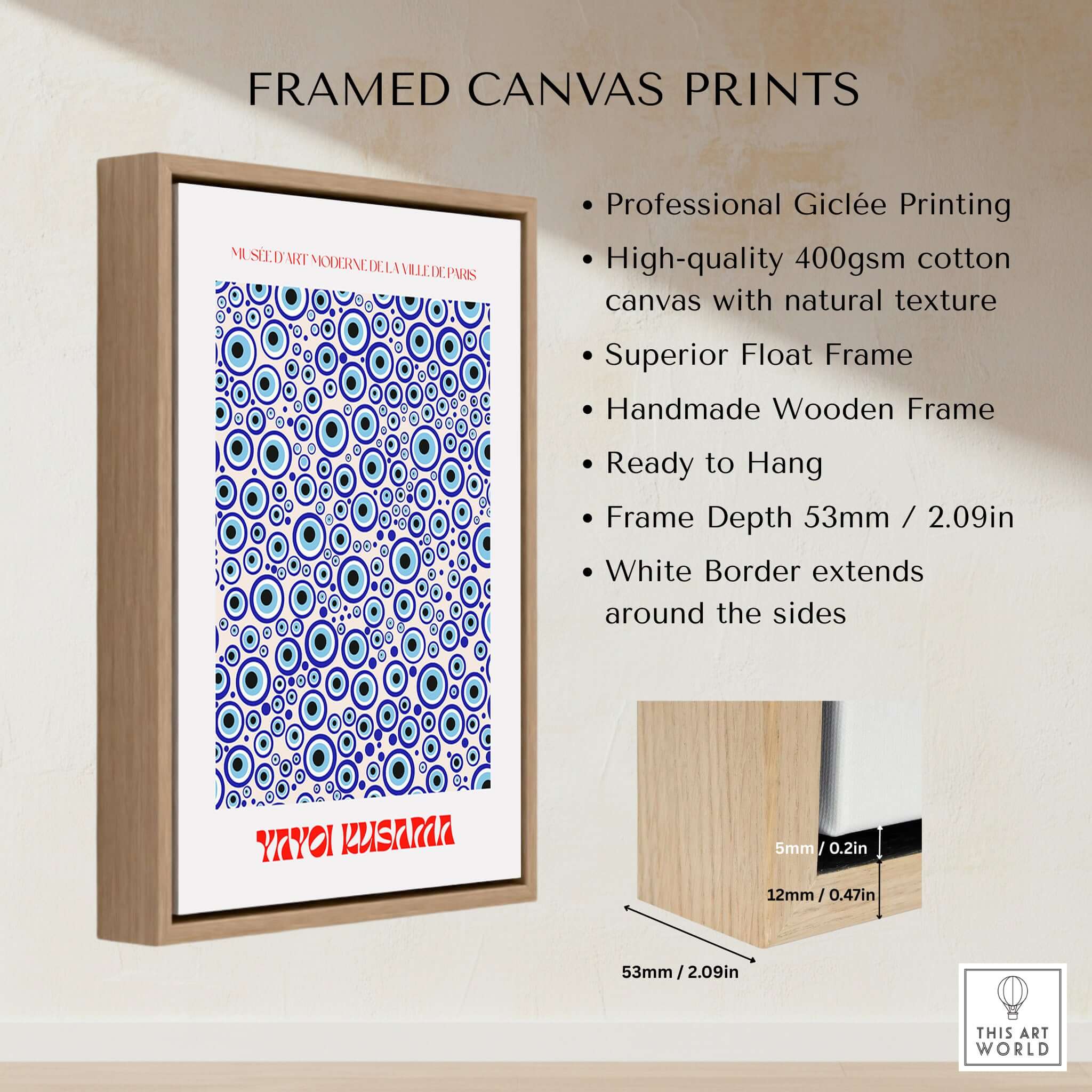 Yayoi Kusama Evil Eye Pattern Blue Contemporary Art Print Poster Paris Wall Decor framed print details and dimensions.