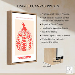 Yayoi Kusama Red Pumpkin Polka Dot Pop Art Print Poster Paris Exhibition Wall Art framed canvas print with wooden frame.