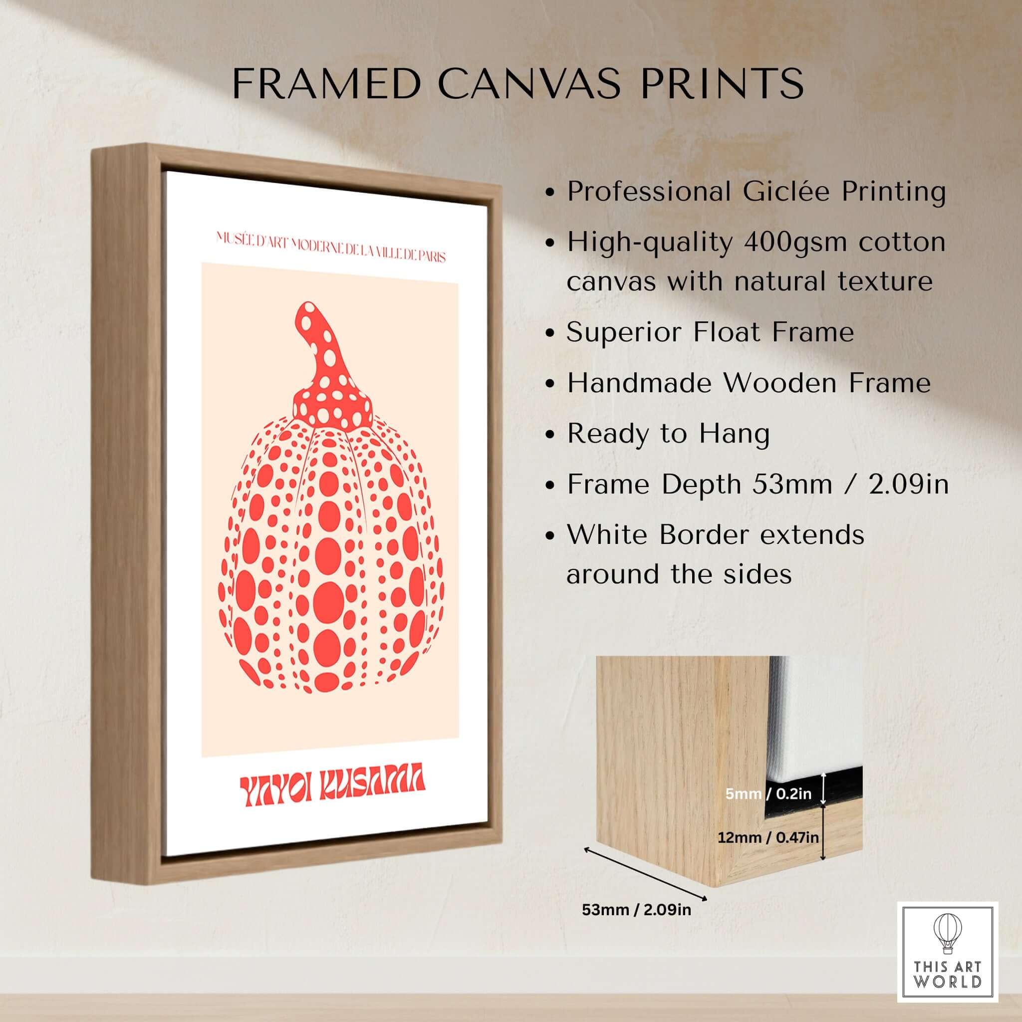 Yayoi Kusama Red Pumpkin Polka Dot Pop Art Print Poster Paris Exhibition Wall Art framed canvas print with wooden frame.